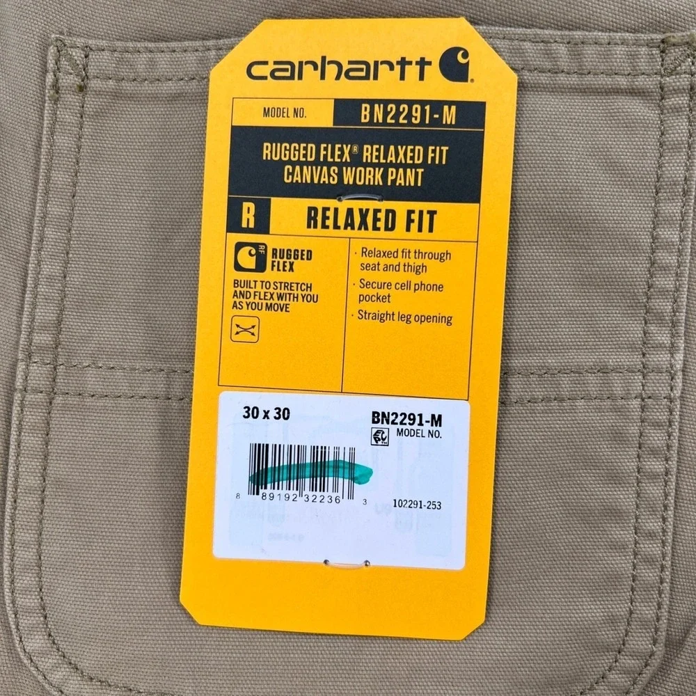 Carhartt BN2291 M Mens Khaki Rugged Flex Relaxed Fit Canvas Work Pants 30x30 New - Picture 3 of 10